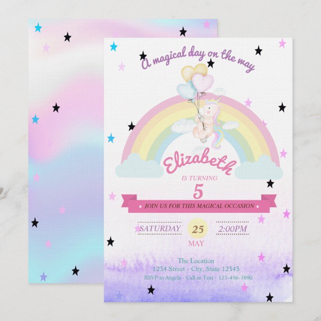 Holographic Unicorn,Rainbow Balloons Birthday Invitation (Front/Back)