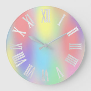 Holographic Unicorn Rainbow  Gray Roman Numbers Large Clock