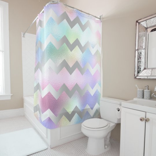 Holographic Unicorn Rainbow Grey Chevron Stripes Shower Curtain