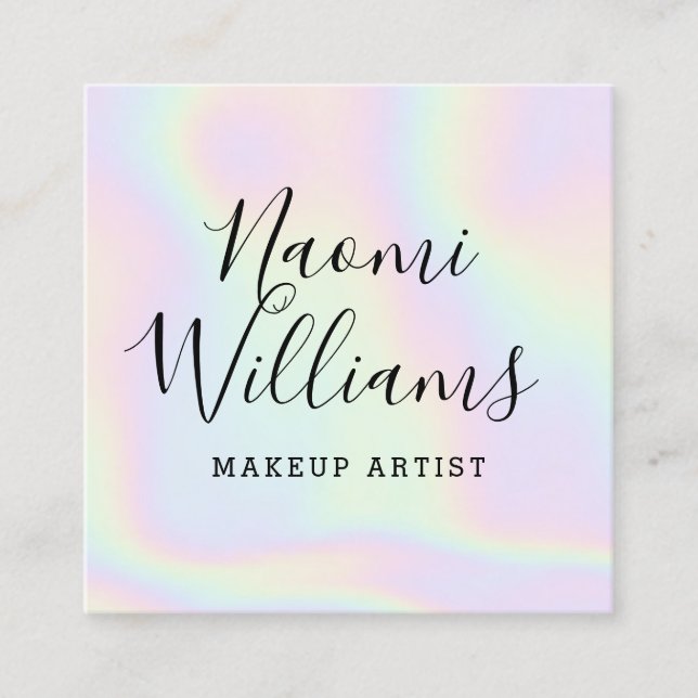 Holographic unicorn rainbow modern script makeup square business card (Front)