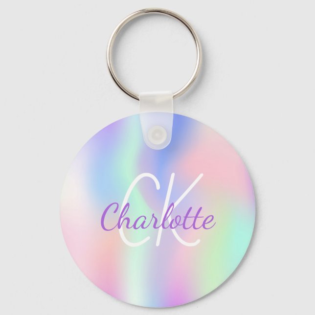 Holographic unicorn rainbow monogram name key ring (Front)