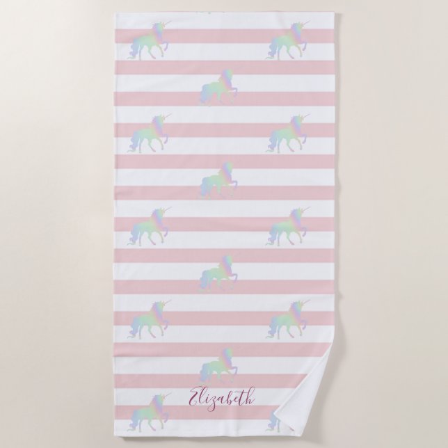 Holographic Unicorn Stripes Personalised Beach Towel (Front)