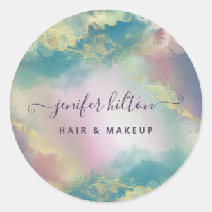 Holographic watercolor elegant abstract signature  classic round sticker