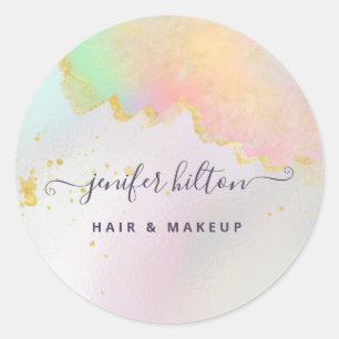 Holographic watercolor elegant abstract signature classic round sticker