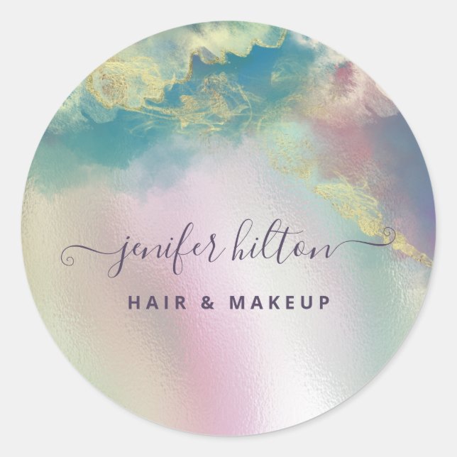 Holographic watercolor elegant abstract signature  classic round sticker (Front)
