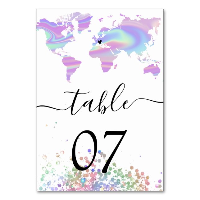  Holographic Wedding Destination World Map Heart T Table Number (Front)