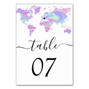 Holographic Wedding Destination World Map Heart Table Number