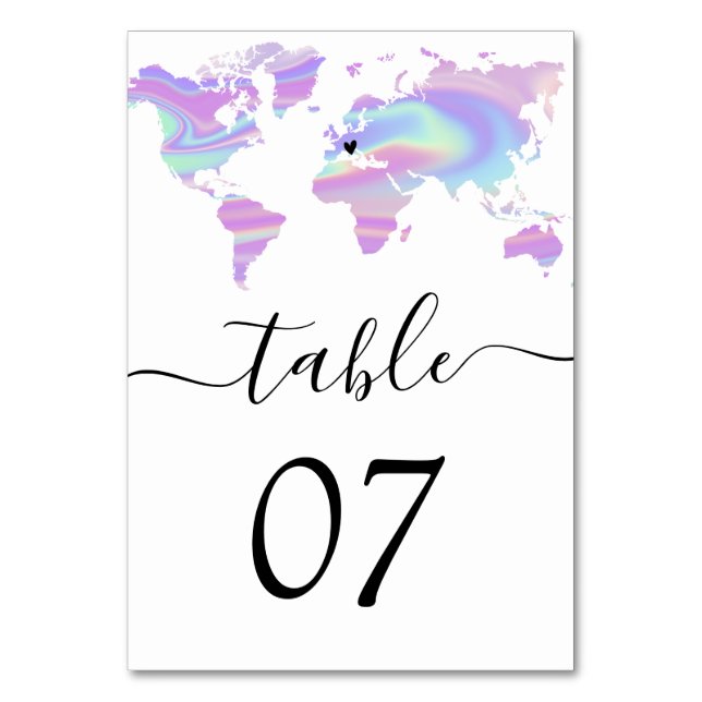  Holographic Wedding Destination World Map Heart Table Number (Front)