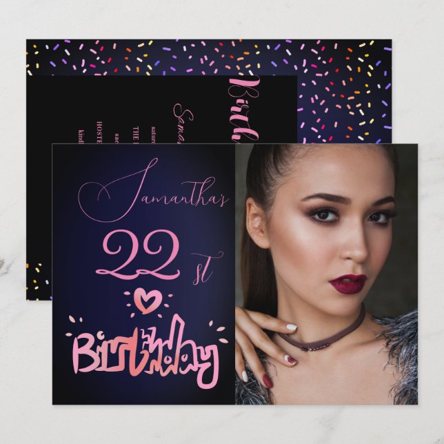 Holography Pink Purple Navy Blue Photo Birthday Invitation (Front/Back)