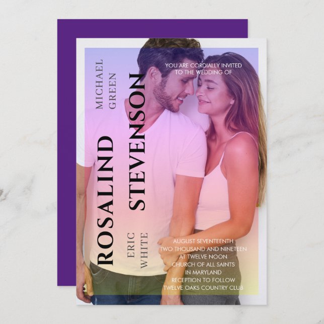 Holography Pink Purple Overlay Photo Wedding Invitation (Front/Back)