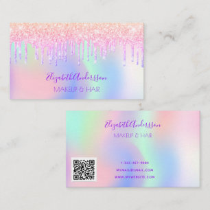 Holograpic pink purple makeup hair qr code business card