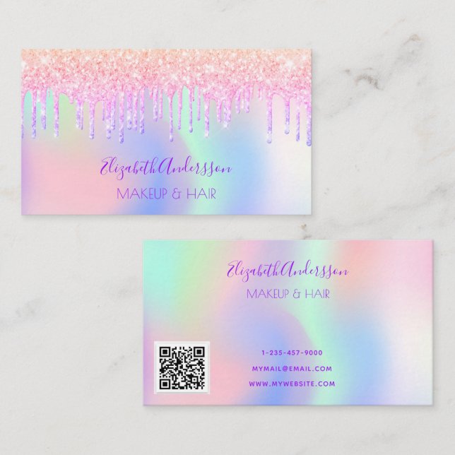 Holograpic pink purple makeup hair qr code business card (Front/Back)