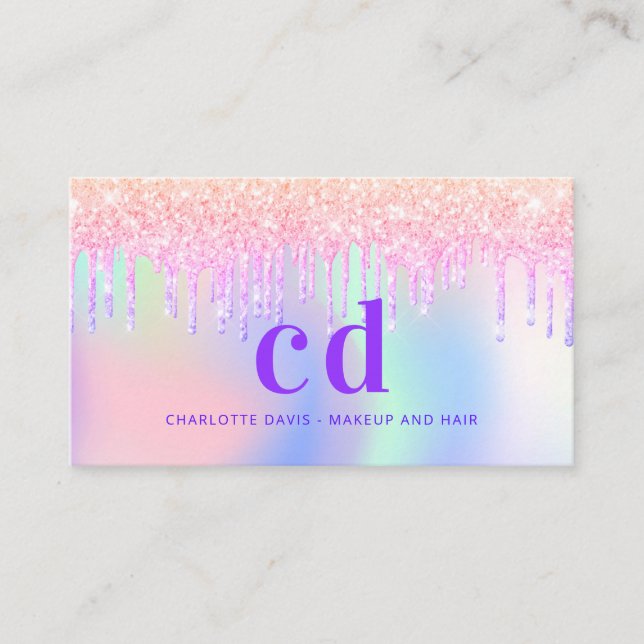Holograpic unicorn glitter monogram makeup hair business card (Front)
