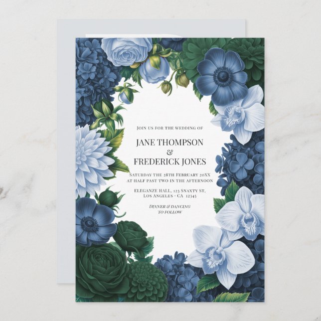 Holstein Blue, Silver Slate & Smoky Pine Wedding Invitation (Front/Back)