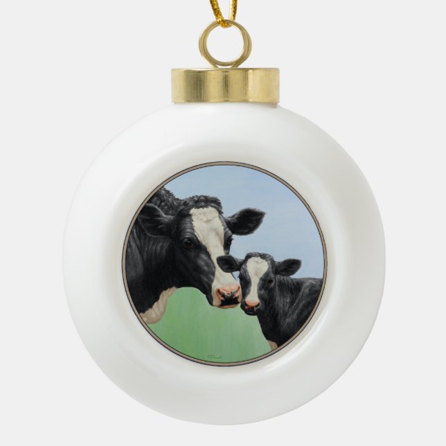 Holstein Cow and Calf Ceramic Ball Christmas Ornament (Front)