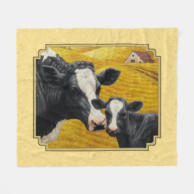 Holstein Cow and Calf Farm Yellow Fleece Blanket (Front (Horizontal))