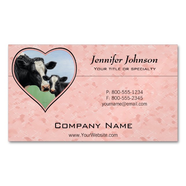 Holstein Cow and Calf Pink Heart Magnetic Business Card (Front)