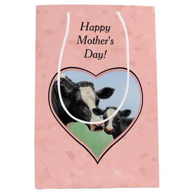 Holstein Cow and Calf Pink Heart Medium Gift Bag (Front)