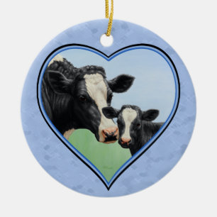 Holstein Cow and Cute Calf Blue Heart Ceramic Tree Decoration