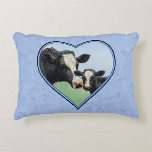 Holstein Cow and Cute Calf Blue Heart Decorative Cushion