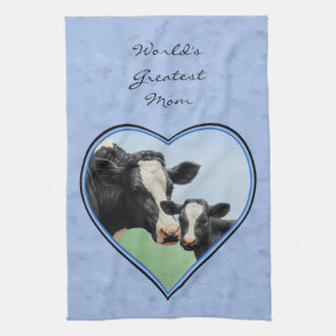 Holstein Cow and Cute Calf Blue Heart Tea Towel