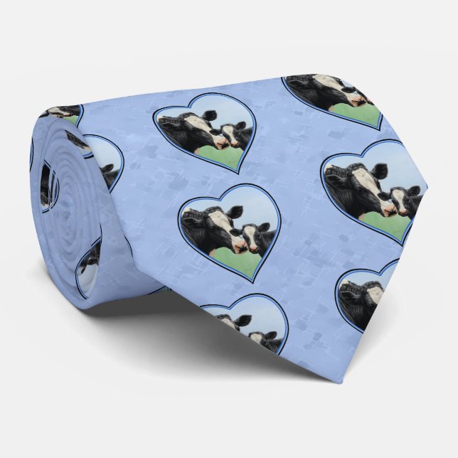 Holstein Cow and Cute Calf Blue Heart Tie (Rolled)
