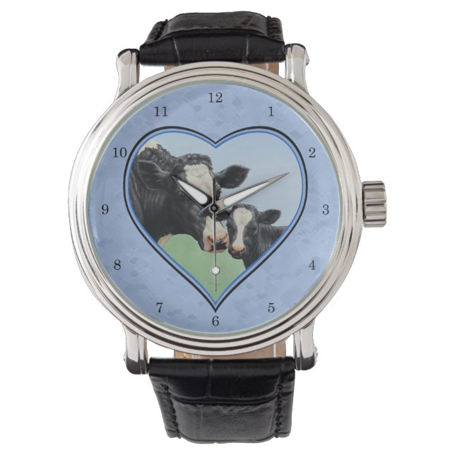 Holstein Cow and Cute Calf Blue Heart Watch (Front)