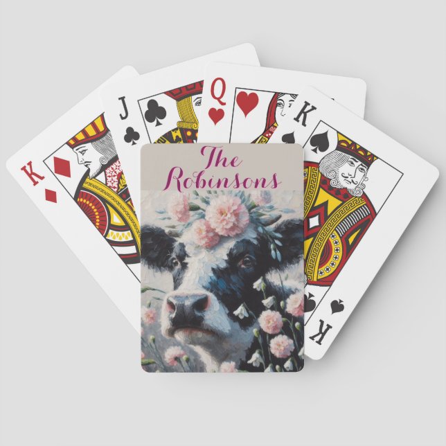 Holstein Cow Carnations Farmhouse Personalised Playing Cards (Back)