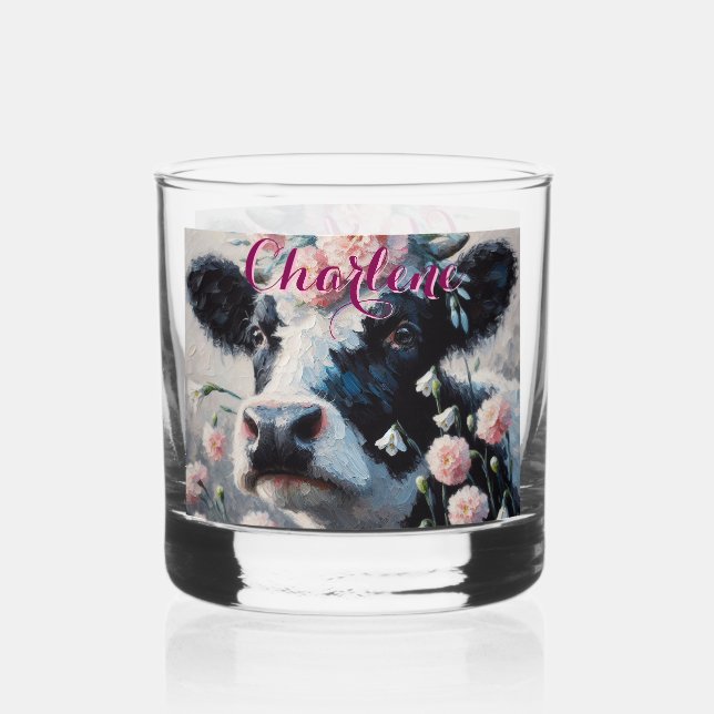 Holstein Cow Carnations Farmhouse Personalised Whiskey Glass (Front)
