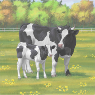 Holstein Cow & Cute Calf in Summer Pasture