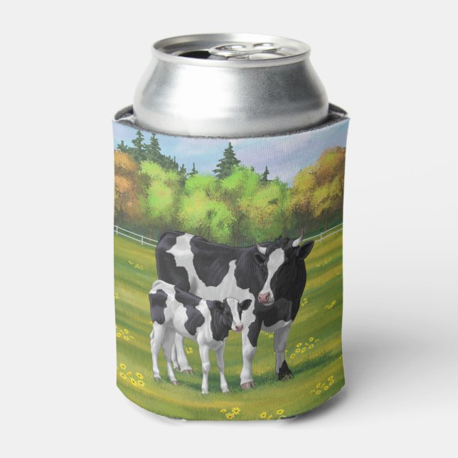 Holstein Cow & Cute Calf in Summer Pasture Can Cooler (Can Front)