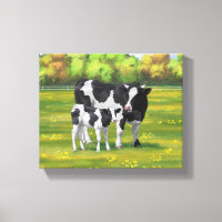 Holstein Cow & Cute Calf in Summer Pasture