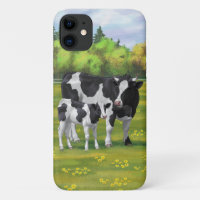 Holstein Cow & Cute Calf in Summer Pasture