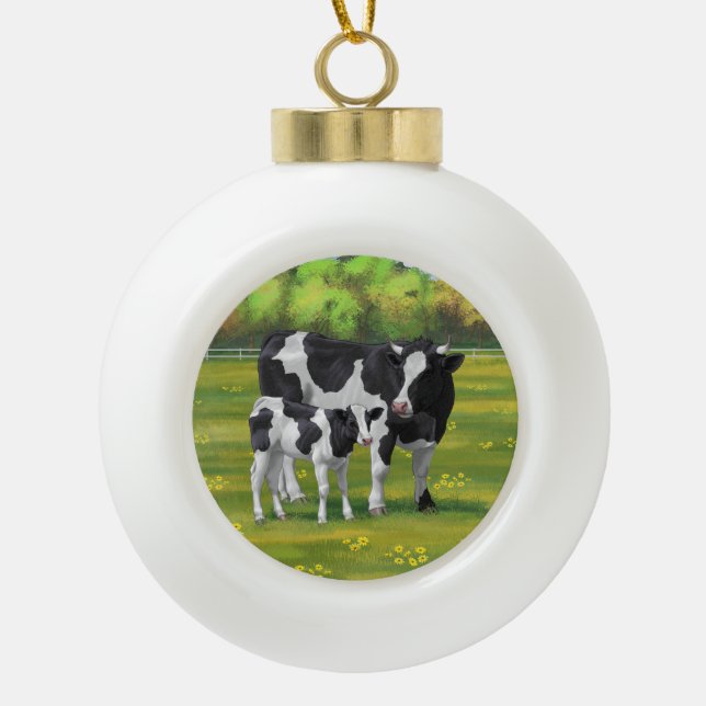 Holstein Cow & Cute Calf in Summer Pasture Ceramic Ball Christmas Ornament (Front)