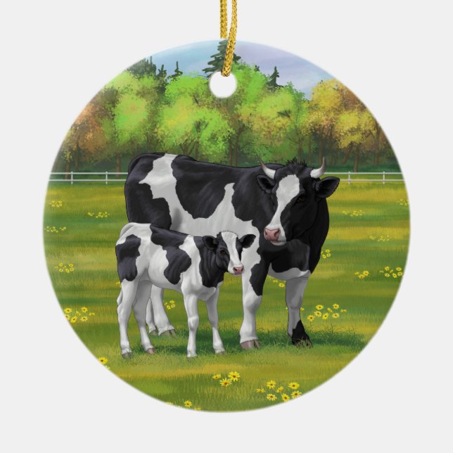 Holstein Cow & Cute Calf in Summer Pasture Ceramic Tree Decoration (Front)