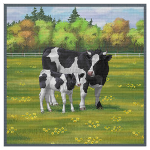 Holstein Cow & Cute Calf in Summer Pasture Fabric