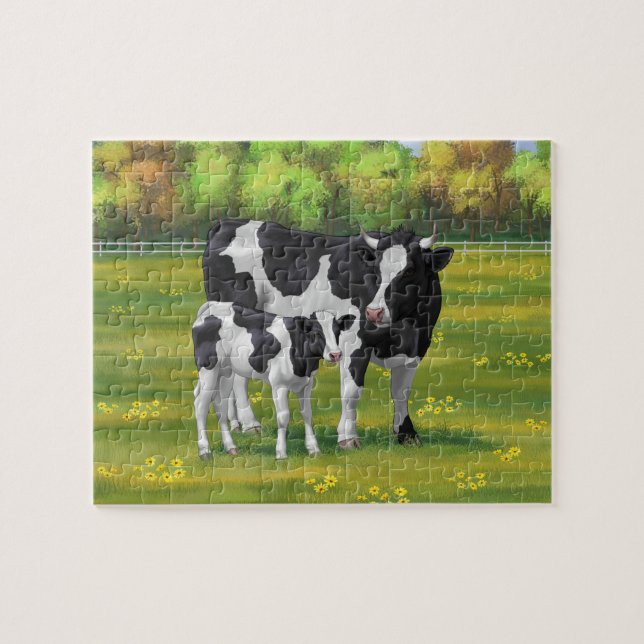 Holstein Cow & Cute Calf in Summer Pasture Jigsaw Puzzle (Horizontal)