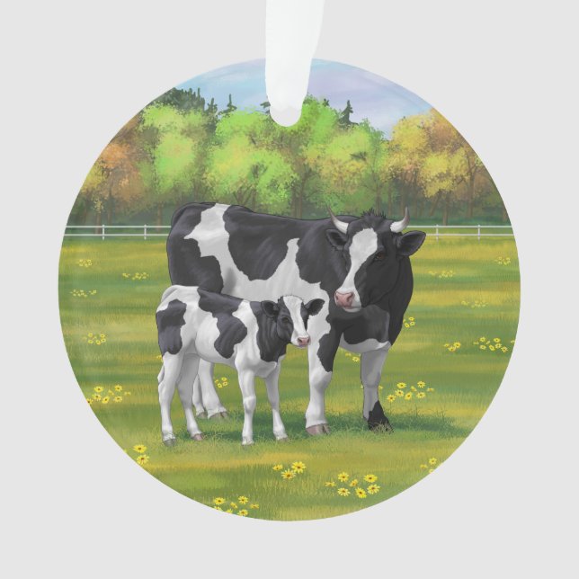 Holstein Cow & Cute Calf in Summer Pasture Ornament (Front)