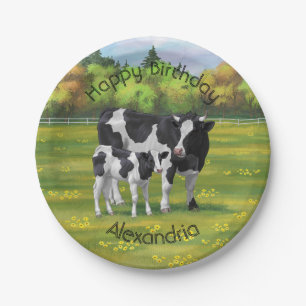 Holstein Cow & Cute Calf in Summer Pasture Paper Plate