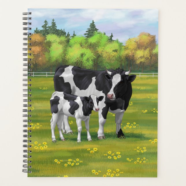 Holstein Cow & Cute Calf in Summer Pasture Planner (Front)