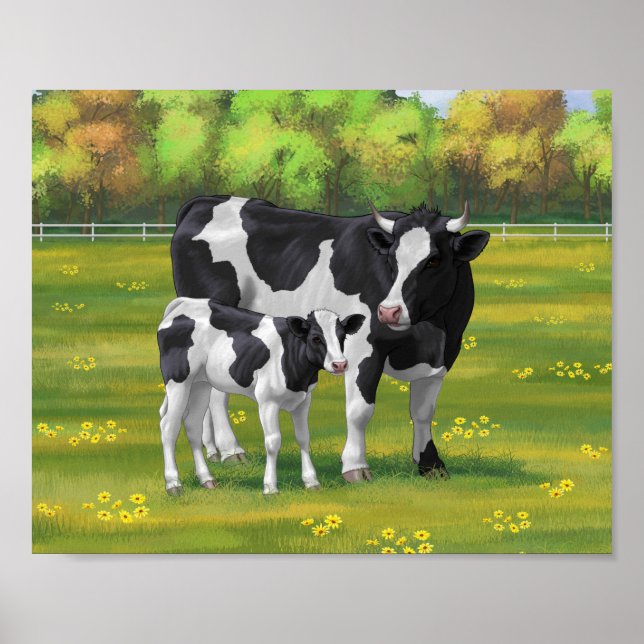 Holstein Cow & Cute Calf in Summer Pasture Poster (Front)