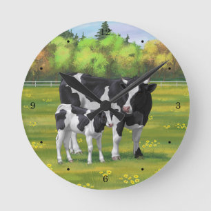Holstein Cow & Cute Calf in Summer Pasture Round Clock