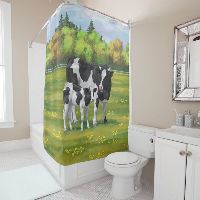 Holstein Cow & Cute Calf in Summer Pasture Shower Curtain (In Situ)