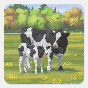 Holstein Cow & Cute Calf in Summer Pasture Square Sticker