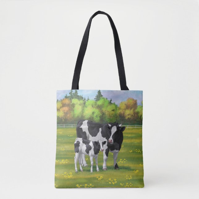 Holstein Cow & Cute Calf in Summer Pasture Tote Bag (Front)