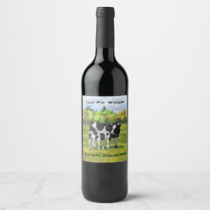 Holstein Cow & Cute Calf in Summer Pasture Wine Label