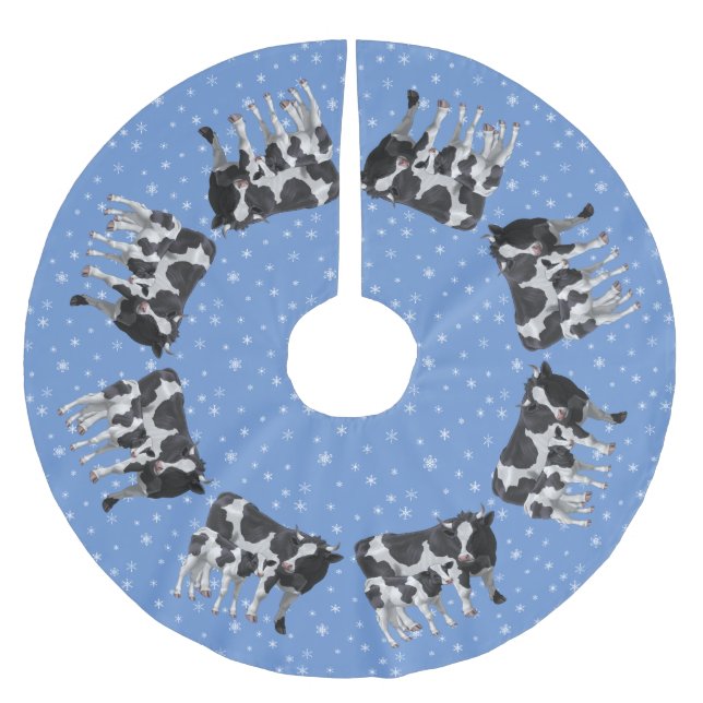 Holstein Cow & Cute Calf Snowflakes Brushed Polyester Tree Skirt (Front)