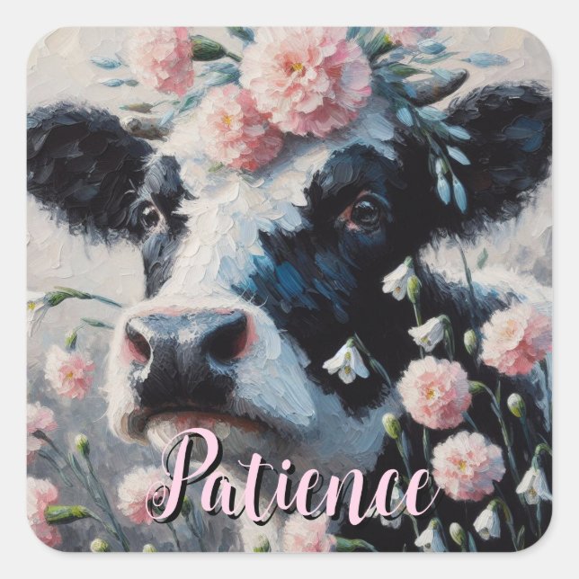 Holstein Cow Flowers Farm Farmhouse Personalised Square Sticker (Front)