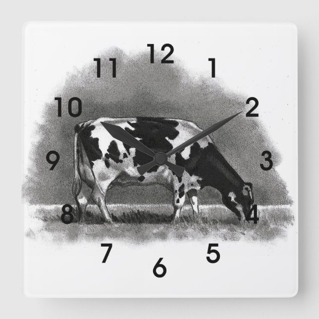 Holstein Cow Grazing: Original Pencil Art Square Wall Clock (Front)