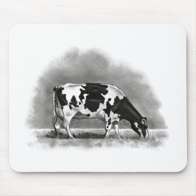Holstein Cow Grazing: Realism Pencil Drawing Mouse Mat (Front)